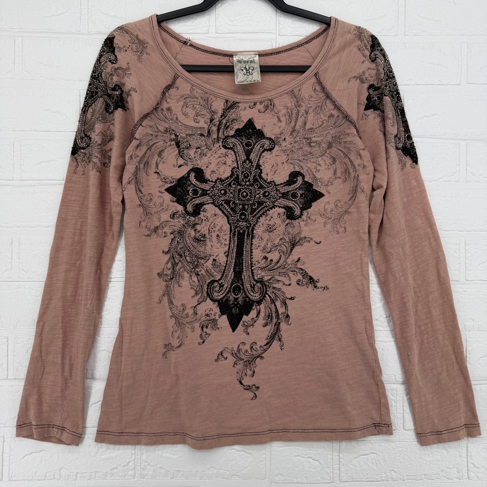 Vocal Cross Top Women Medium Mauve Rhinestone Gothic Graphic Long Sleeve Tee